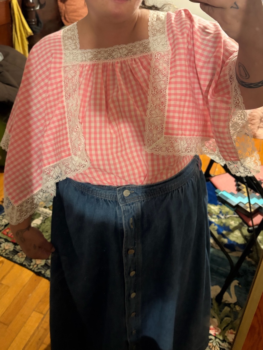 Vintage pink gingham scarf blouse